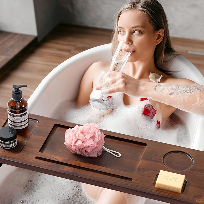 Teak Bathtub Tray Caddy - 29" Wide Adjustable Bathtub Table for Freestanding Tubs, Non-Slip Design with Phone/Wine Holder, Brown Bath Spa Essentials