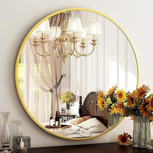HARRITPURE 28" Round Mirror - Gold Bathroom Mirror Circle Wall Mirror with Brushed Aluminum Alloy Frame Modern Decor for Living Room, Vanity, Bedroom, Entryway