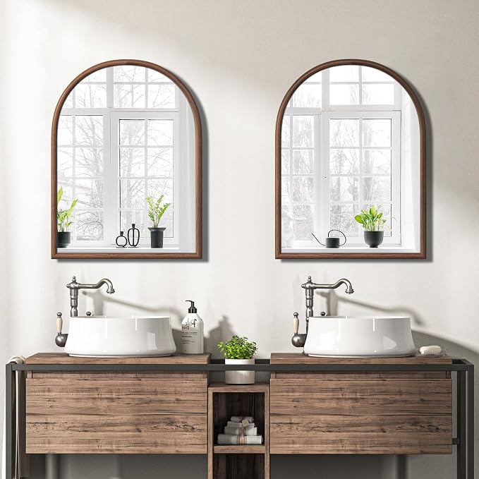 24"x32" Arch Wall Mirror for Wall, Wall Mounted Vanity Mirror for Bedroom, Wood Grain Finish Frame Mirror with Tempered Glass, Vintage Decorative for Bathroom, Entryway, Living Room, Walnut