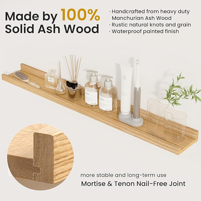 Solid Ash Wood Picture Ledge Shelf, 36 Inch Floating Shelves with Lip Set of 2, Photo Ledge Shelf Nursery Bookshelf Wall Mounted for Living Room Bedroom Decor, Natural
