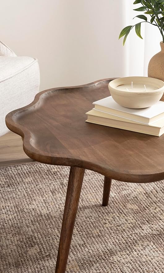 Kate and Laurel Alezar Mid-Century Modern Wavy Round Coffee Table, 30 x 30 x 18, Walnut Brown, Transitional Scalloped Circle Living Room Table with Solid Mango Wood Construction and Tapered Legs