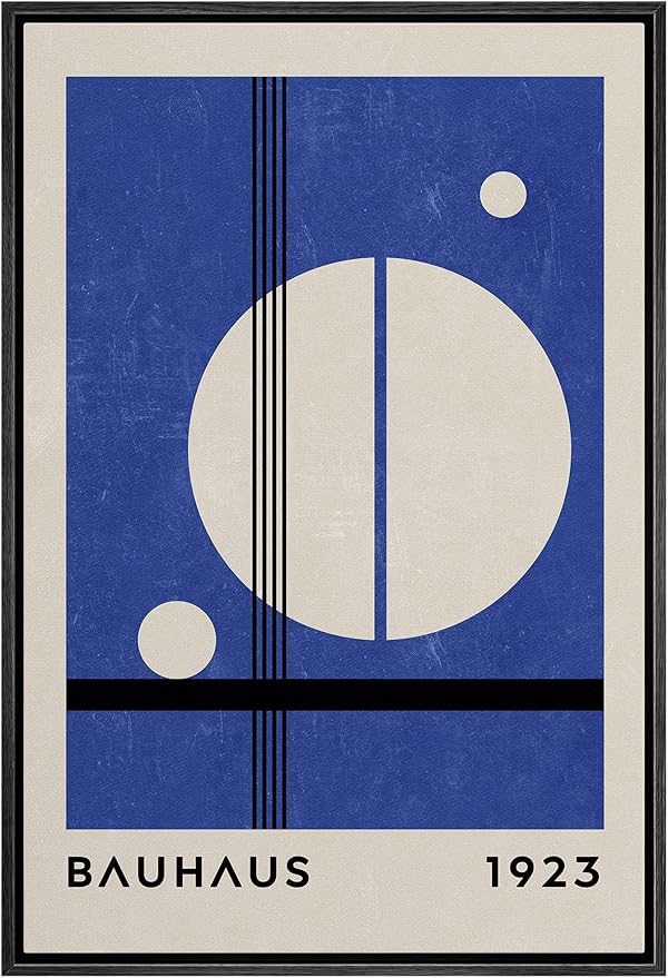 MUDECOR Framed Canvas Print Wall Art Mid-Century Bauhaus 1960s Blue White Circle Shapes Abstract Illustrations Modern Art Multicolor Relax/Calm for Living Room, Bedroom, Office - 24"x36" Black