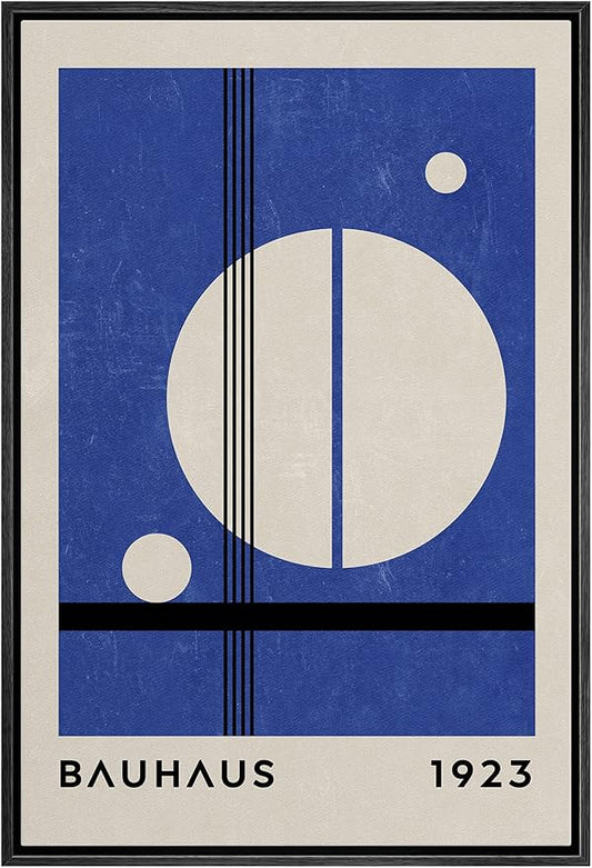 MUDECOR Framed Canvas Print Wall Art Mid-Century Bauhaus 1960s Blue White Circle Shapes Abstract Illustrations Modern Art Multicolor Relax/Calm for Living Room, Bedroom, Office - 16"x24" Black