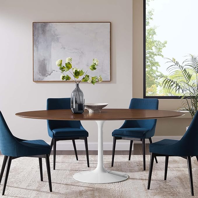 Modway Lippa 78" Modern Kitchen and Dining Table with Oval Walnut Top and Pedestal Base in Walnut