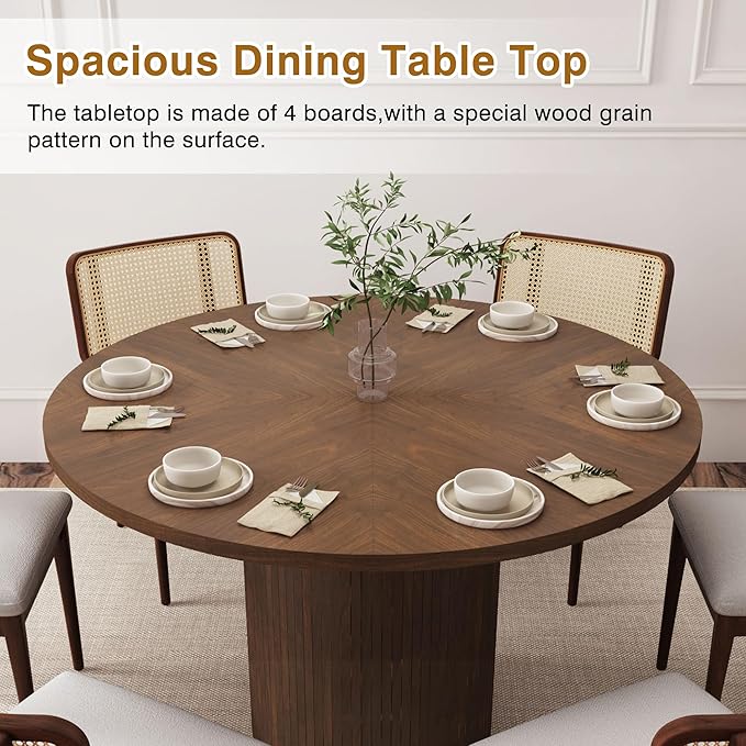47 Inch Round Dining Table, Farmhouse Fluted Dining Kitchen Table, Modern Wood Small Circle Dining Table for Kitchen Living Room, Walnut