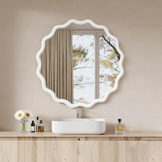 30 Inch Wooden Wavy Round Wall Mirror, Modern Solid Wood Frame Circle Decorative Accent Mirror for Bedroom, Bathroom, Living Room, Entryway, White