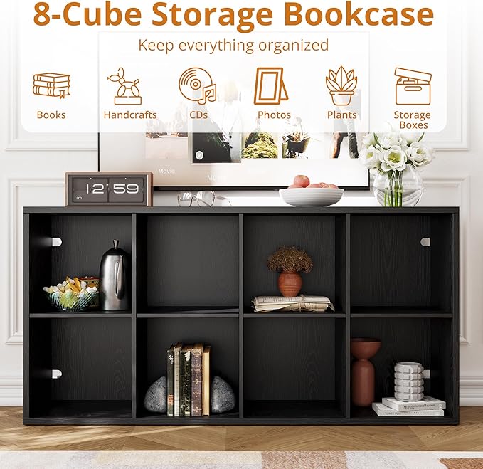 IRONCK Bookshelf, 8-Cube Storage Cube Shelf Organizer, Extra Thick Frame Horizontally & Vertically Reversible Bookcase with Open for Living Room, Bedroom, Home Office, Black