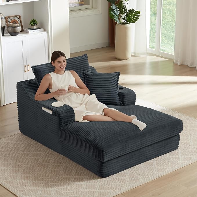 67" Boneless Chaise Lounge Chair Indoor, Oversized Chaise Lounge with Cup Holders, 3 Pillows, Side Pockets & Armrest, Corduroy Upholstered Plush Sleeper Sofa Chair Bed for Living Room, Apartment | Breathable material