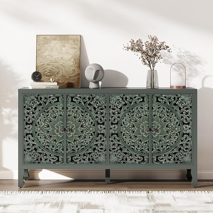 Buffet Cabinet with Storage, Accent Cabinet with 4 Carved Doors, Solid Wood Sideboard with Adjustable Shelf, Vintage Cabinets for Kitchen, Living Room, Entryway, Green