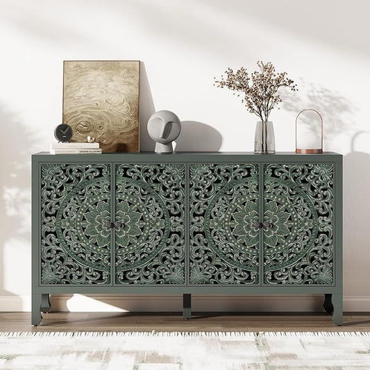 Buffet Cabinet with Storage, Accent Cabinet with 4 Carved Doors, Solid Wood Sideboard with Adjustable Shelf, Vintage Cabinets for Kitchen, Living Room, Entryway, Green