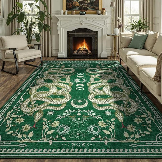 DCX Washable 5x7 Snake Rug, Green Gothic Rug for Living Room, Soft Low Pile Carpet, Kid & Pet Friendly with Rubber Back Non Slip, Stain Resistant Rug for Bedroom Dining Room Office