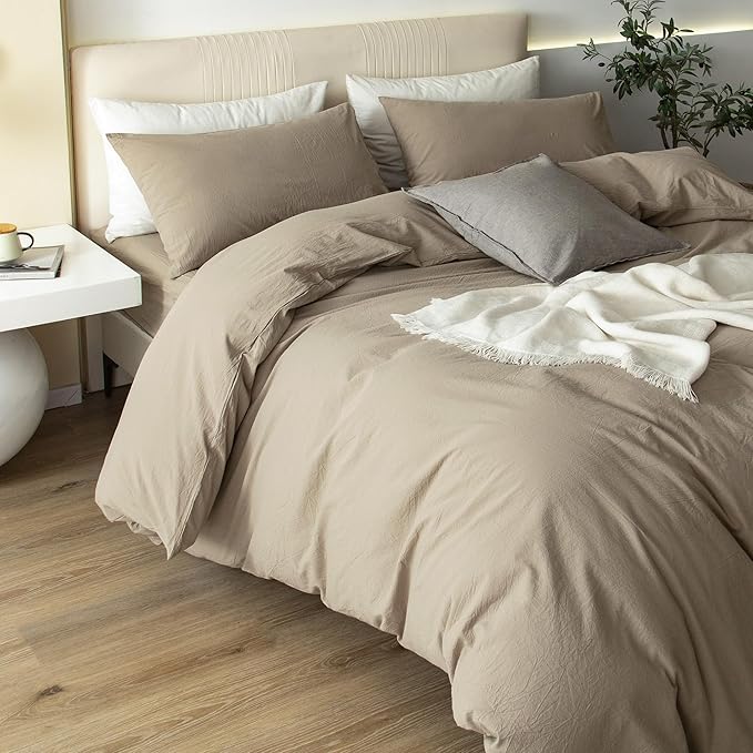 JIYUAN 100% Washed Cotton Duvet Cover Set 3 Pieces King, 1 Duvet Cover 104x90 Inches(Comforter Not Included) and 2 Pillowcases,Linen Feel Bedding Set Comfy and Breathable,Khaki