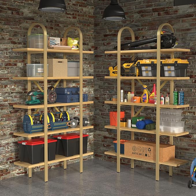 Wide Bookshelf Arched Bookcase, Industrial 5 Tier Open Book Shelves with Metal Frame, 72" Tall Freestanding Heavy Duty Display Rack for Home Office, Living Room,Nature Wood & Gold,Easy Assembly