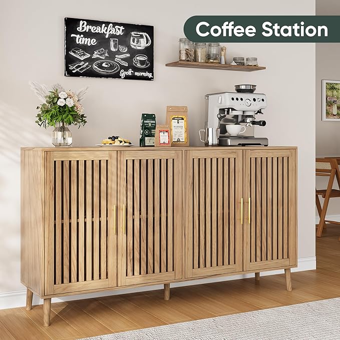 Smart FENDEE 63" Long Sideboard Buffet with 4 Slatted Doors, Farmhouse Buffet Storage Cabinet with Adjustable Shelves, Coffee Bar Cabinet for Entryway, Kitchen, Dining Room, Living Room, Natural