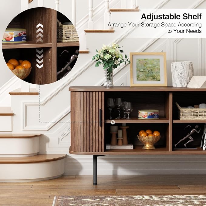 55''W Storage Cabinet, Fluted Sideboard Buffet Cabinet with Storage, Console Table Credenza with Tambour Slatted Sliding Doors and Shelves, Modern TV Stand for Living Room, Kitchen, Entryway, Walnut