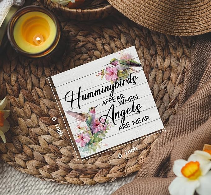 Hummingbird Decor, Hummingbird Gifts For Women, Hummingbirds Appear When Angels Are Near Wooden Box Signs, Farmhouse Floral Bird Wood Decoration Home Decor For Desk Table Shelf 6x6 Inch Decorative Signs & Plaques