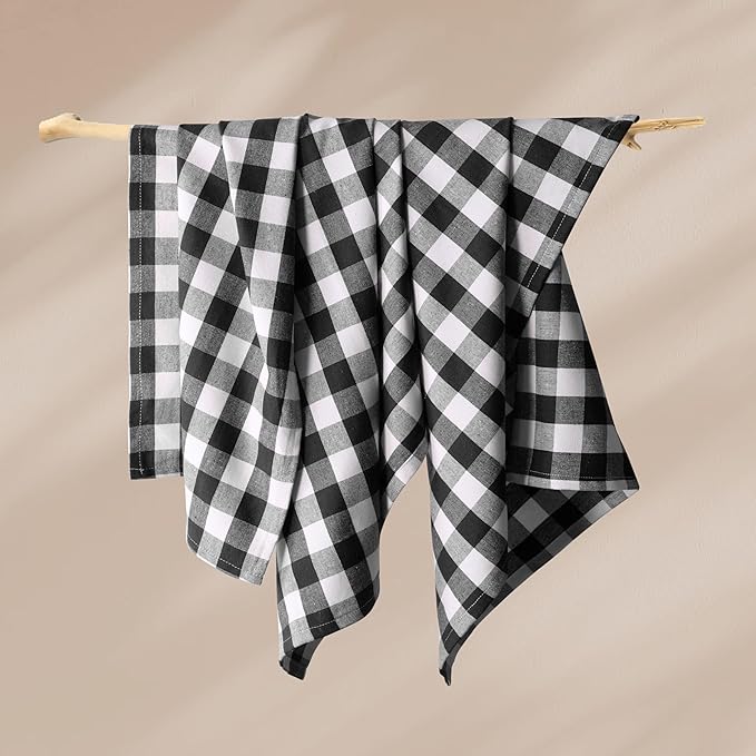 Gingham Checked Dish Towels 12 Pack, 18x26 Inches, Quick Dry Towels for Kitchen, Reusable, Absorbent Wash Cloths Set, Washable Fabric, Heavy Duty for Daily Use - Black and White