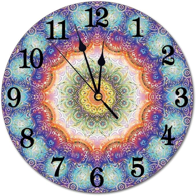 Mandala Wall Clock Battery Operated Silent Round Clock Peacock Feathers Wall Decor for Home Office School, 12 Inch