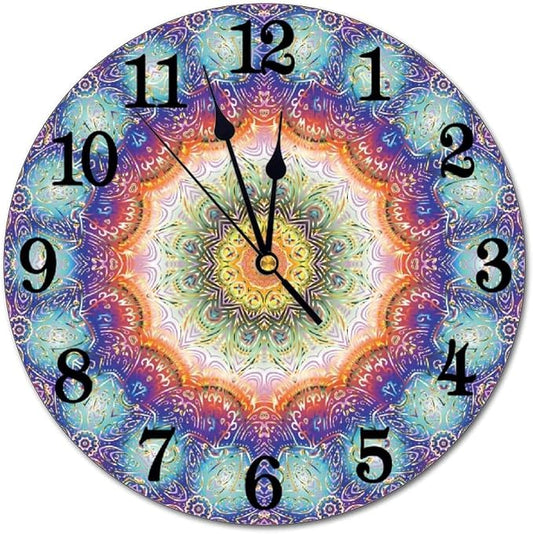 Mandala Wall Clock Battery Operated Silent Round Clock Peacock Feathers Wall Decor for Home Office School, 12 Inch