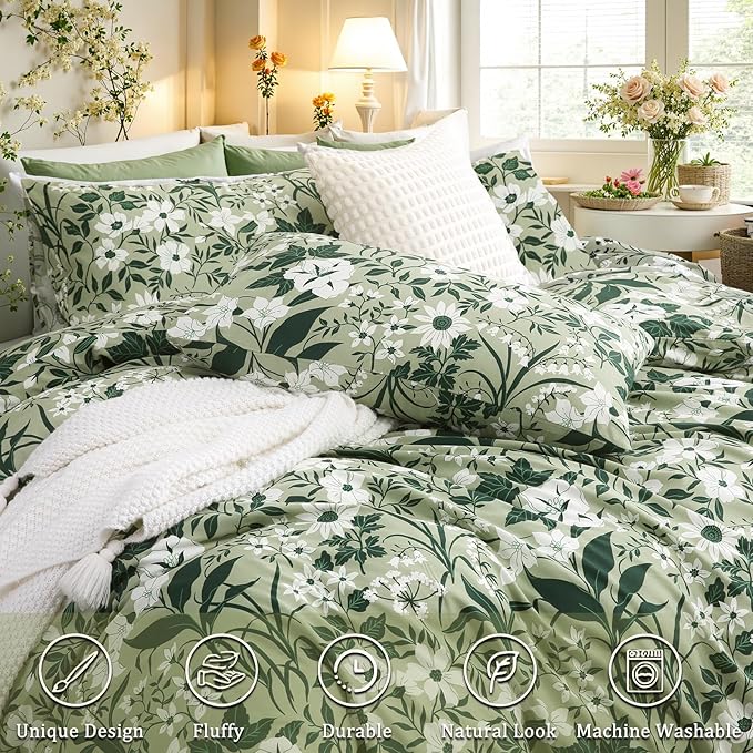 Green Floral Duvet Cover Queen 100% Cotton Decorative Emerald Comforter Cover 3 Pcs Set Dark Green Botanical Duvet Cover with Zipper Ties 2 Pillowcases Tropical Floral Bedding