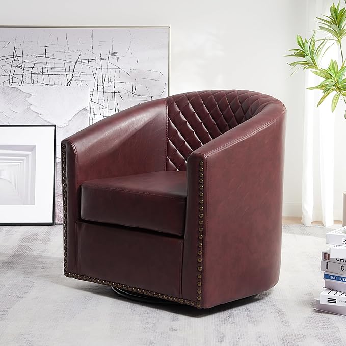 KINWELL 29" Wide Tufted Faux Leather Swivel Barrel Chair, PU Leather Modern Upholstered Accent Chairs with Nailhead Trim, Small Armchair for Living Room Bedroom, Red