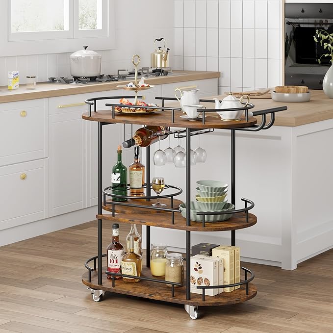 GarveeHome 3-Tier Bar Cart on Wheels, Mobile Serving Cart with Wine Rack and Glass Holder, Metal Kitchen Utility Cart for Coffee Station, Mini Home Bar, Dining Room - Black+Retro Brown