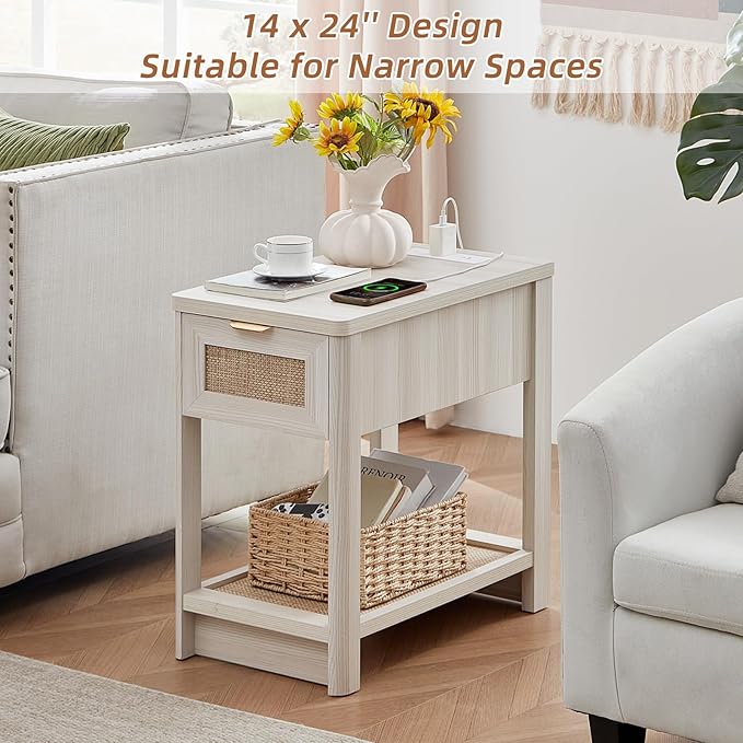 Lerliuo Narrow Night Stand Set of 2 with Charging Station, Boho Nightstand with Drawer, Bed Side End Table with Rattan Shelf for Small Spaces, Wood Nightstands Bedside Tables for Living Room Bedroom