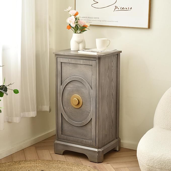 eHemco Art Deco End Table with Gold Accent Knob, Rectangular Side Table with Storage, Modern Retro Style, 18 x 14 x 30.5 Inches, Light Gray