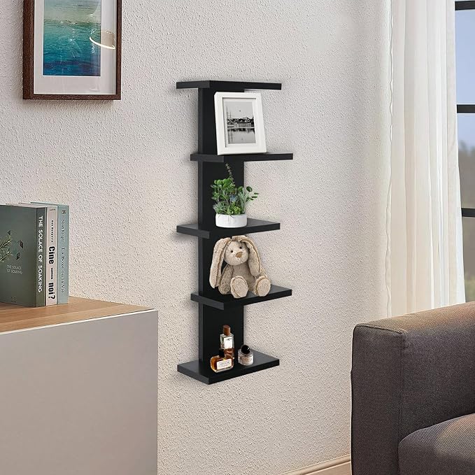 VIWODS 5 Tier Wall Shelf Unit-Black Floating Shelves for Home Decor, Modern Unique Asymmetric Design for Bedroom & Living Room Storage