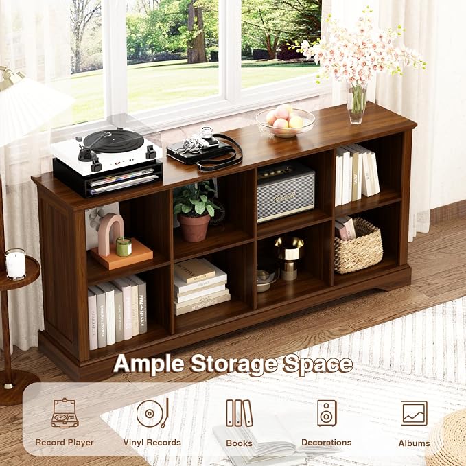 8 Cube Storage Organizer - 62" Long Farmhouse Wood Low Bookshelf, Horizontal Open Shelf Bookcase Cubby Storage Console Cabinet for Living Room, Entryway, Office, Walnut