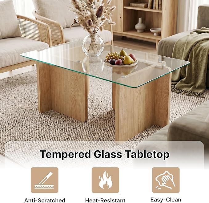 Modern Glass Coffee Table, 39.4 Inches Rectangular Center Tables for Living Room, Coffee Table with Wood Cross Base Easy Assembly Natural
