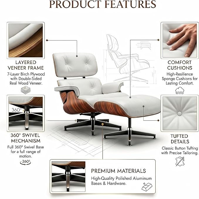 Mid Century Chaise Lounge Chair with Ottoman, Top Black Grain Leather, Modern Office Chair Classic Design, Heavy Duty Base Support for Living Room Study Lounge Office