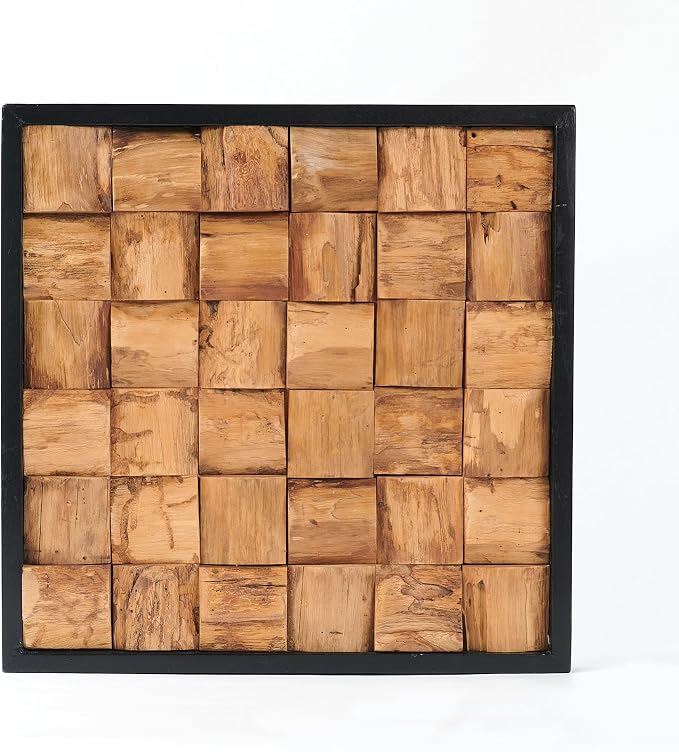 Warmaxx Rustic Teak Wood Wall Art Decor 17''x17 Farmhouse Framed Wall Décor for Home Living Room Bedroom Office Handcrafted Carved Natural Wooden Bricks Square Cube Pattern Christmas Wall Décoration