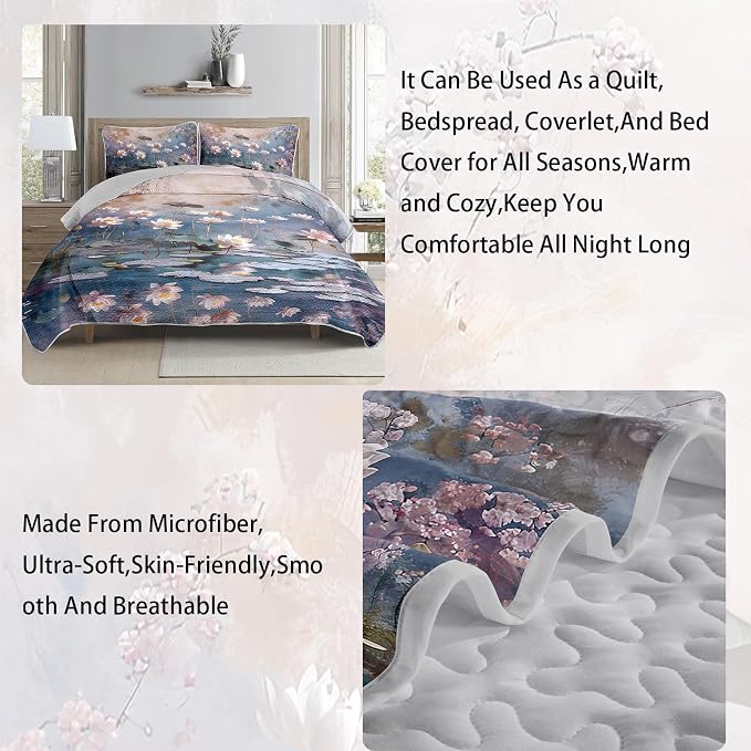 AILONEN Twin Quilted Comforter 3-Piece Set, Impressionist Lotus Pond Bedspread Coverlet with 2 Pillowcases, Soft Artistic Water Lilies Bedding for Students Dorm Blue Lavender Zen Painting