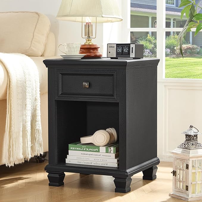 Farmhouse End Tables Living Room with Drawer, Rustic Wood Nightstand with Charging Station, Bedside Table with Open Shelf for Bed Room, Living Room, Black