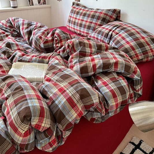 VM VOUGEMARKET Buffalo Gingham Duvet Cover Set Queen,3 Pieces Washed Cotton Bedding Set,Breathable Luxury Plaid Duvet Cover with Zipper Closure for Girls (Red&Brown)