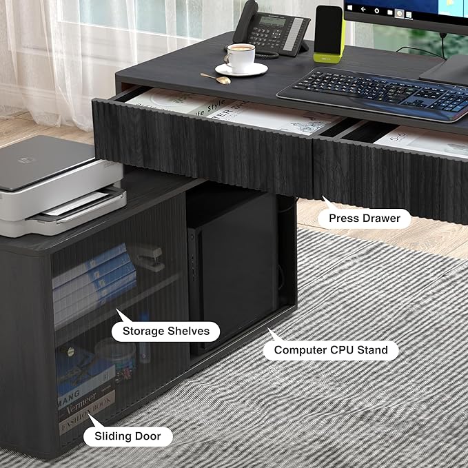 Modern Computer PC Desk Table with Storage, Corner L Shaped Desk with Drawers, Home Office Desk for Bedroom and Small Space, for Writing, Executive, Study, Work, Vanity - Black