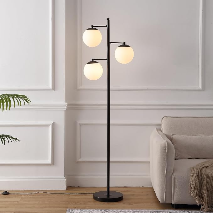 JONATHAN Y 66" Black Modern 3-Light Metal Cylinder Floor Lamp Mid-Century Tree Standing Lamp for Living Room Bedroom with White Glass Globe Shades LED Bulbs Included JYL3087B