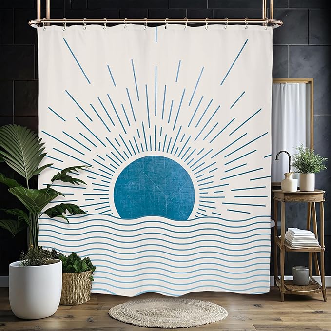 Miyotaa Blue Sun Minimalist Shower Curtain Set 60Wx71H Inches Mid Century Sunrise Sunset Vintage Aesthetic Retro Polyester Waterproof Cloth Bathroom Curtain with 12 Hooks