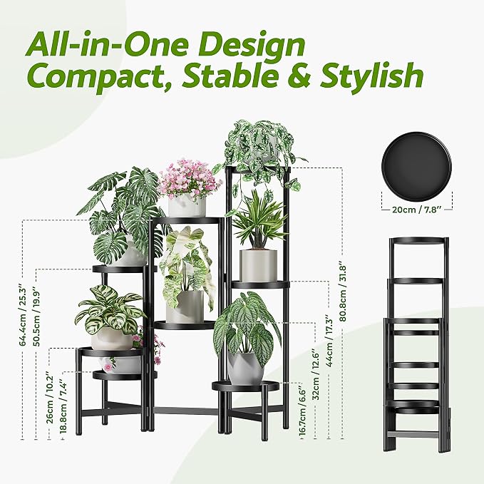 Black Stand Plants, Metal Tiered Plant Stands Indoor, 8 Tier Corner Flodable Plant Stand Outdoor Planter Flower Pot for Multiple Plants, Floding Display Racks for Patio Porch Balcony