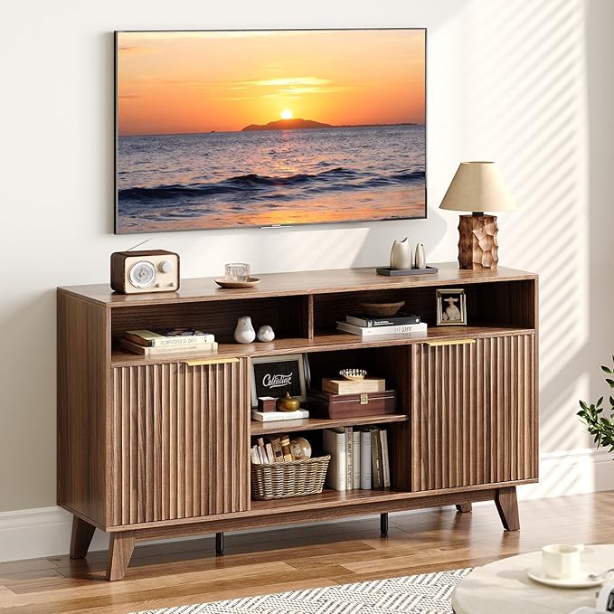 VINGLI Boho Fluted TV Stand for 70" TV, Solid Wood Entertainment Center with Storage and Shelves, Tall Media Console with Cable Management, TV Cabinet for Living Room and Bedroom, Walnut