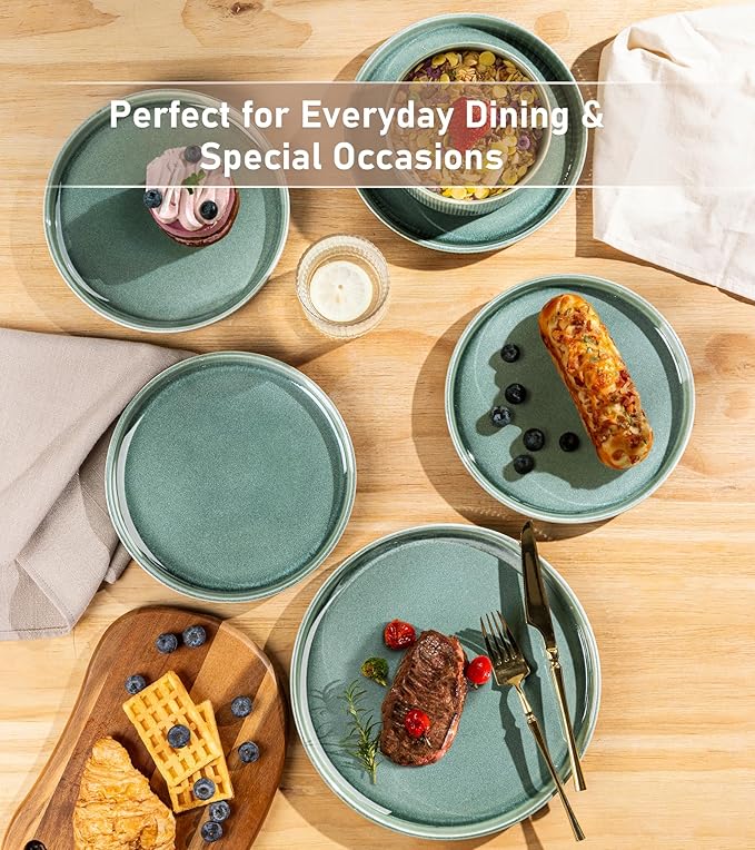 GBHOME 12-Piece Stoneware Dinnerware Set for 4 – Ribbed Ceramic Plates and Bowls, Scratch-Resistant, Microwave & Dishwasher Safe, Reactive Glaze, Malachite Green