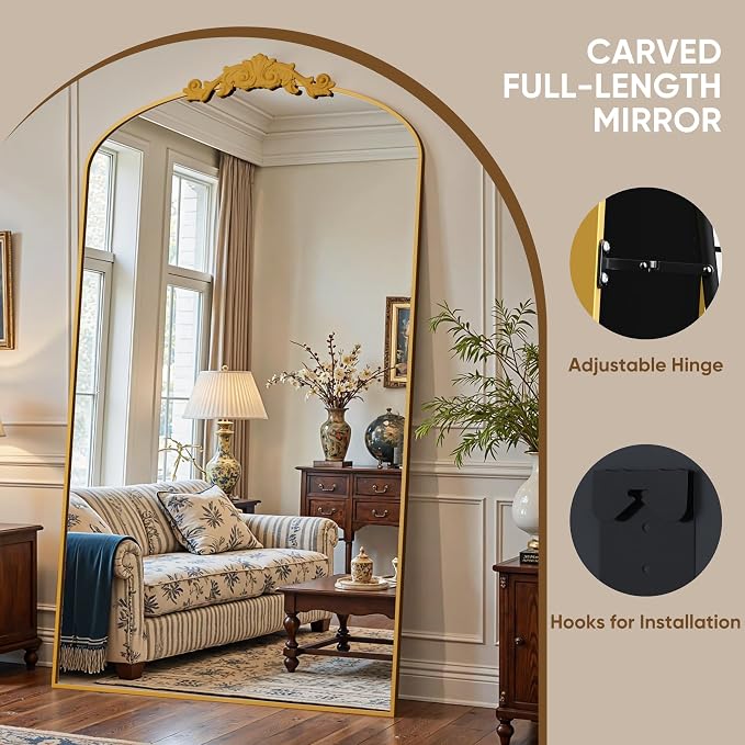 Antok Arched Full Length Mirror, 72"x44" Floor Mirror with Carved, Full Body Mirrors for HomeDecor, Standing/Halling Large Wall Mirror for Bedroom, Living Room, Cloakroom, Gold, Retro Style
