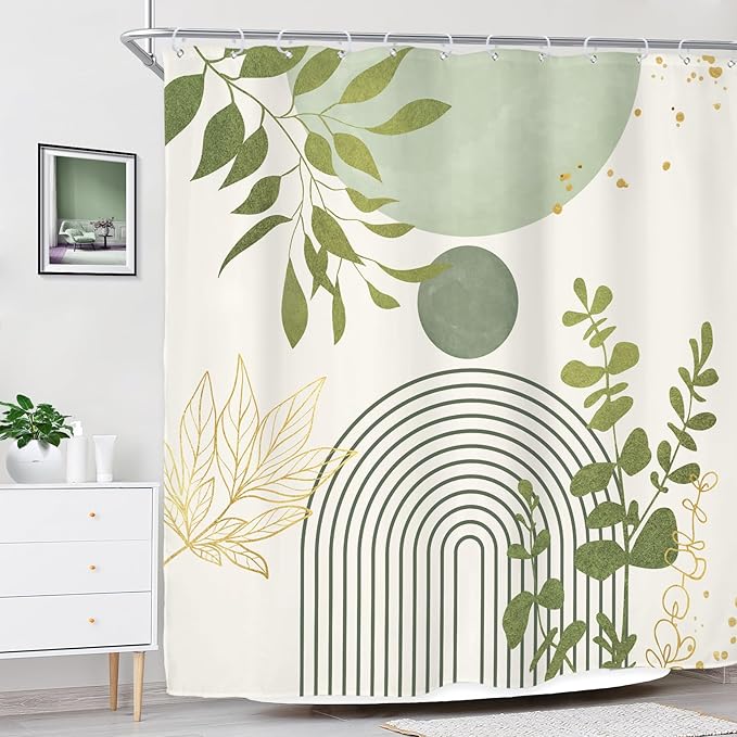 Riyidecor Light Green Mid Century Boho Shower Curtain for Bathroom Decor 72Wx72H Modern Bohemian Eucalyptus Leaves Arch Plants Gold Art Printed Fabric Polyester Waterproof 12 Pack Plastic Hooks