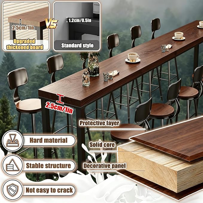 ZMHPLKH Narrow Bar Table for Small Spaces Industrial Rectangular Counter Height Table Retro Brown Wood Panel & Black Metal Frame Breakfast Bar Table for Apartments, Kitchen, Entryway