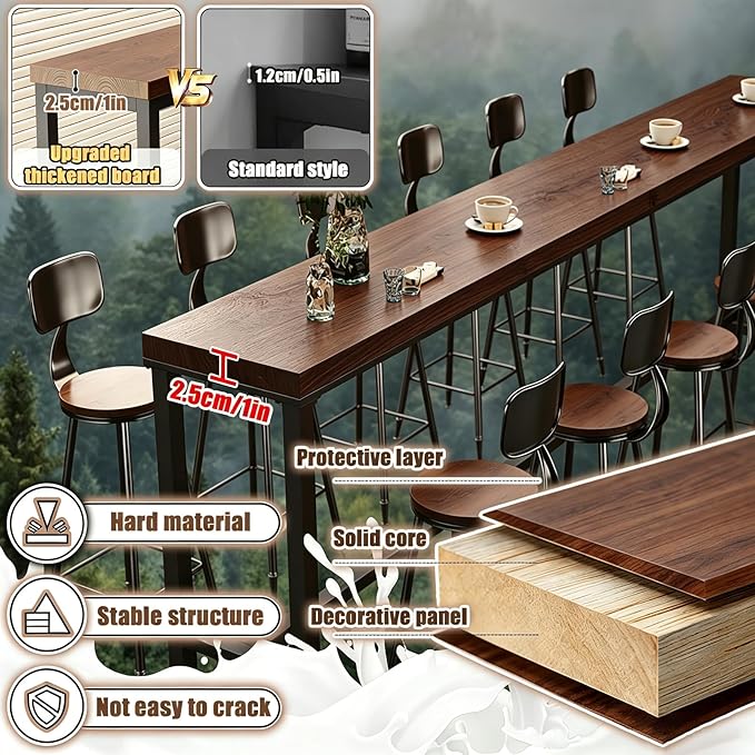 ZMHPLKH Narrow Bar Table for Small Spaces Industrial Rectangular Counter Height Table Retro Brown Wood Panel & Black Metal Frame Breakfast Bar Table for Apartments, Kitchen, Entryway