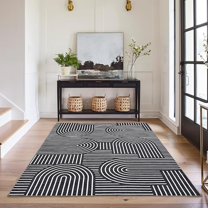 Washable Rug 4x6 Area Rugs for Living Room, Abstract Rug for Bedroom, Soft Rainbow Non Slip Throw Rugs with Rubber Back, Low Pile Stain Resistant Boho Geometric Carpet for Dining Room, Black