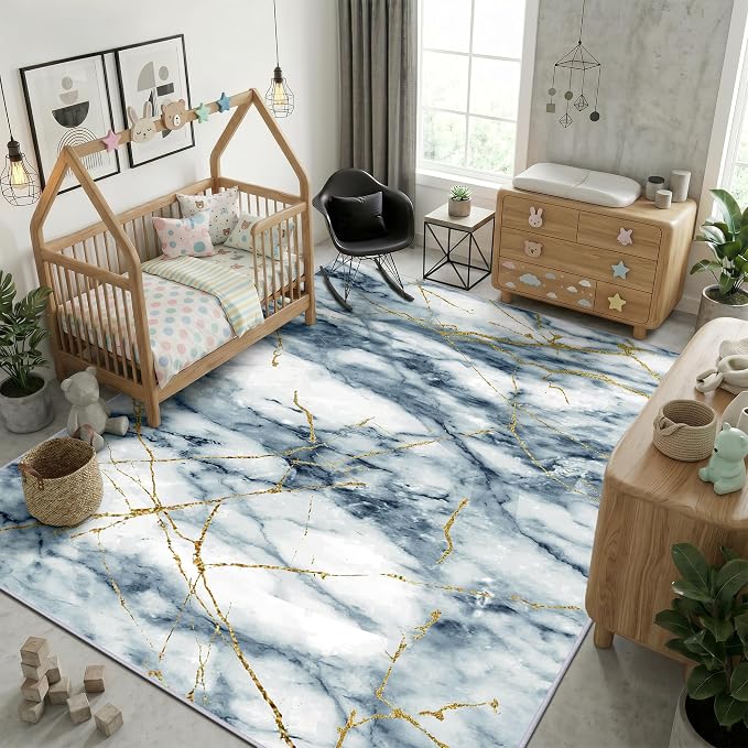 Merelax 6x9 Area Rugs for Living Room - Washable Non-Slip Abstract Blue Rug, Indoor Floor Carpet Low Pile Soft Rug for Bedroom Dining Room, Mudroom, Modern Aesthetic Decor, Blue/Gold