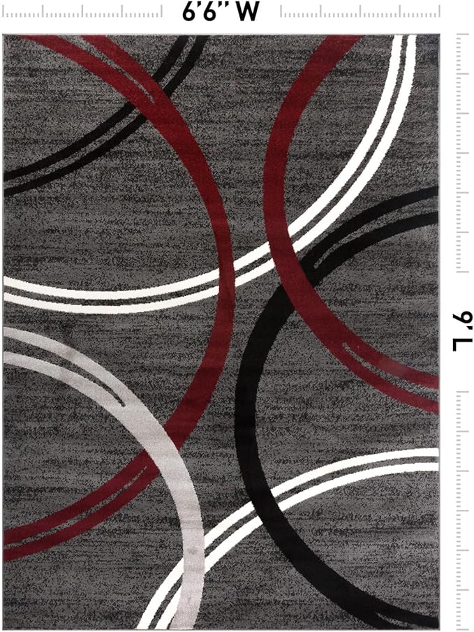 Rugshop Modern Wavy Circles Design Non-Shedding Area Rug, Carpet for Living Room or Dining Room, Red, 6'6" x 9'