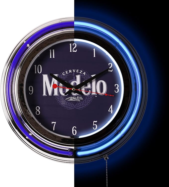 American Art Decor Retro Neon Wall Clock - Round Battery Operated Vintage Analog Clock W/Pull Chain - for Bar, Man Cave, Garage, Arcade, Game Room & More (Modelo, 14.5” x 14.5” x 3.25”)